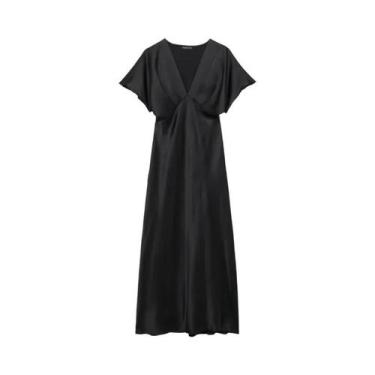 Imagem de Vestido Midi De Cetim Preto, Caqui E Azul Para Mulheres, Com Babados, 