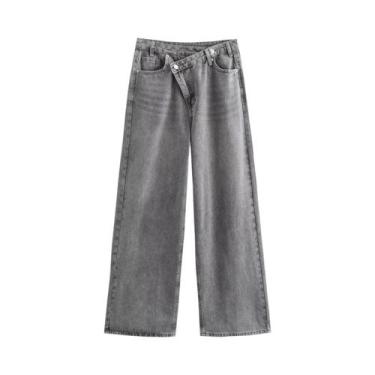 Imagem de Calças Jeans Vintage De Cintura Alta Assimétricas Para Mulheres Com Bo