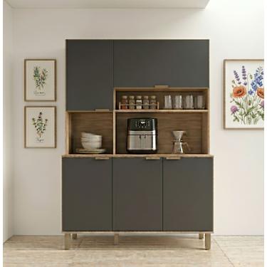Imagem de Cozinha Compacta Bartira Topázio 5 Portas 3 Prateleiras Damasco e Grafite - 134cm de La...