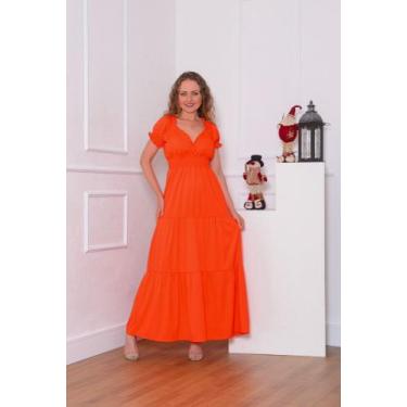Imagem de Vestido longo feminino manga curta decote v tecido crepinho m, g - Din