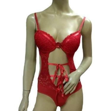 Imagem de Body Preto Decotado Calcinha Fio Dental Sexy Dornelas 527, Vermelho, G