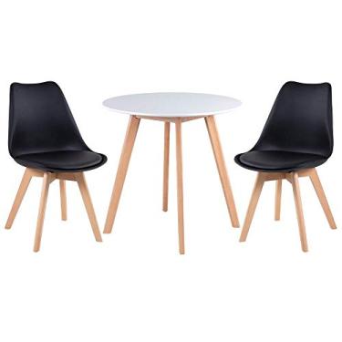 Imagem de Loft7, KIT - Mesa redonda Leda 70 cm branco + 2 cadeiras estofadas Leda preto