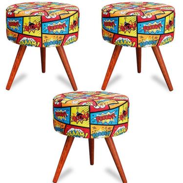 Imagem de Kit 3 Puff Cama Inbox Boom Redondo com Pés em Madeira Maciça Tecido Suede