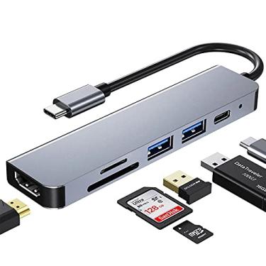 Imagem de Hub USB C, adaptador 6 em 1 tipo C mini estação de ancoragem com 4K HDMI, 2 portas USB 3.0, leitor de cartão SD/TF, fonte de alimentação de 65W compatível com dispositivos iPad Pro/MacBook/Tipo C (USB-C-6 em 1)