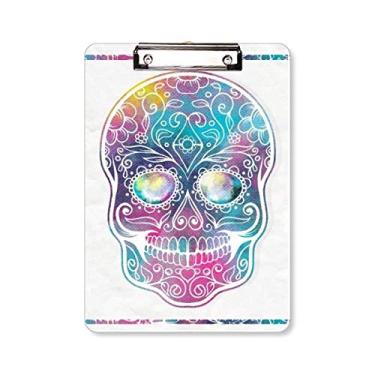 Imagem de Quadro de prancheta com ilustração de crânio colorido com estampa floral A4