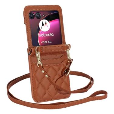Imagem de Capa carteira para Motorola Moto Razr 40 Ultra, alça de pulso, capa de couro flip transversal com 2 cartões de cordão ajustável capa de telefone para mulheres (marrom)
