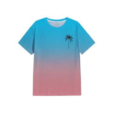 Imagem de Floerns Camisetas masculinas casuais de verão com estampa tropical ombré gola redonda e manga curta, Azul, rosa, XXG