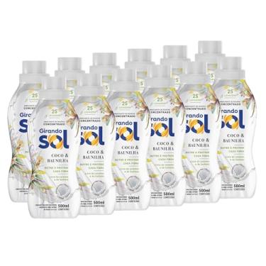 Imagem de Genérico Amaciante Girando Sol Coco & Baunilha, 12 unidades de 500ml, 6 litros, rende 25 lavagens, mantém roupa perfumada e macia