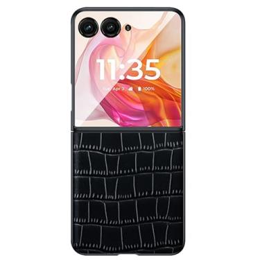 Imagem de LTLMYDAM Capa de couro genuíno para Moto Razr 50Ultra/50, capa fina clássica com estampa de crocodilo, borda macia, proteção contra quedas, preta, 50