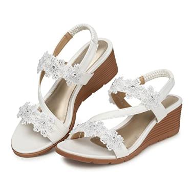 Imagem de TEMOFON Sandálias femininas estilosas: tira elástica no tornozelo com bico aberto no verão - Sandálias de flores boêmias confortáveis - Sandália de plataforma baixa, 1805-branco, 34
