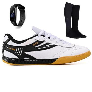 Imagem de Kit Chuteira Futsal Couro Futebol Salao Quadra + Meião + Relogio Adult