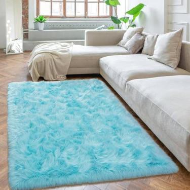 Imagem de Tapete de pele sintética, tapetes fofos para quarto, tapetes laváveis de 3x5 pés, tapete de pele de carneiro para quarto de crianças, meninos e meninas, azul, 90X150CM 3x5 pés