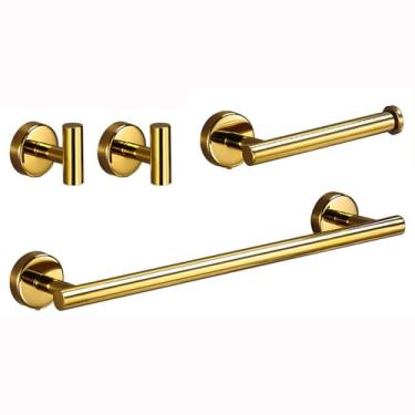 Imagem de Conjunto de acessórios para banheiro de ouro brilhante, barra de toalha de aço inoxidável 304, suporte para papel higiênico, gancho, kit de prateleira para banheiro, conjunto de 4 peças b