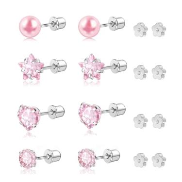 Imagem de DAILI Brincos hipoalergênicos de ouro 14K para meninas e mulheres, brincos de bebê com parafuso nas costas para orelhas sensíveis, brincos de prata para crianças, fofo, flor, coração, estrela, bolinha