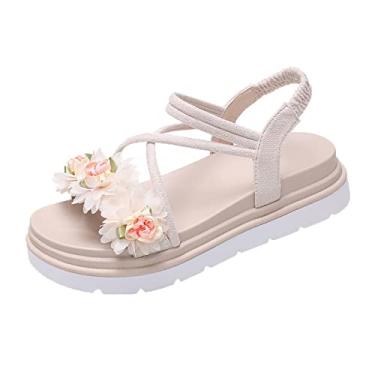 Imagem de Sandálias femininas verão lisas doces flores frescas com saia à beira-mar sapatos de praia sandálias femininas(Beige,37EU)