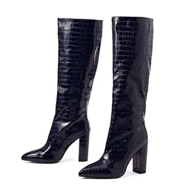 Imagem de Botas pretas de qualidade até o joelho botas femininas com zíper salto alto quadrado pontiagudo(Black no zipper,39EU)
