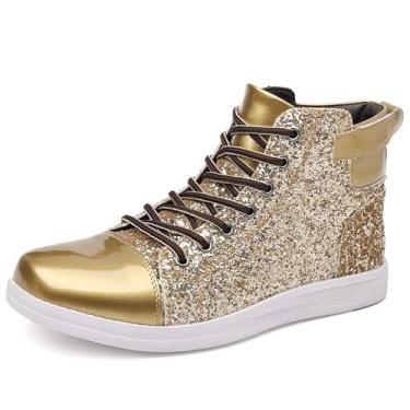 Imagem de Trsorini Tênis masculino com glitter, cano alto, brilhante, lantejoulas, brilhante, cadarço, A/Glitter dourado, 45