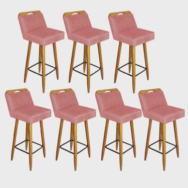 Imagem de Kit 07 Banqueta Alta c/ Encosto Lith Para Cozinha Bar Balcão Bistrô Pé Palito Castanho Suede Rose Gold - Ahz Móveis