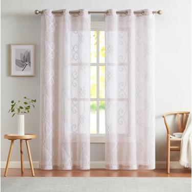 Imagem de Cortinas transparentes para janela 2 painéis 96,5 cm L x 213,4 cm C (193 cm L) Cortinas texturizadas de linho e cortinas para sala de estar, quarto, cortinas de fazenda, decoração boho, tratamentos de