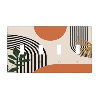 Imagem de Boho Middle-Century Sun Leaf Art 4-Gang Quad Toggle Light Switchplate Placa de parede laranja/vermelha minimalista estética decorativa tamanho médio dispositivo quádruplo interruptor de tomada