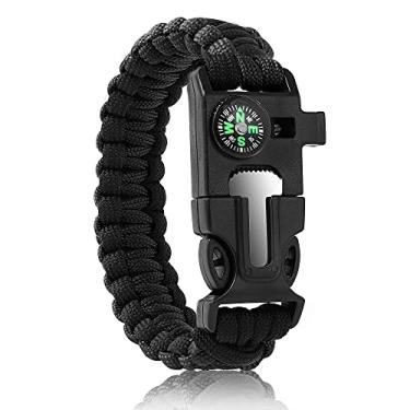 Imagem de OADNFA Pulseiras Paracord para homens, kit tático de sobrevivência 5 em 1, kit de equipamento de acampamento, com corda ajustável de 3,6 m para iniciação de incêndio incorporado, apito de emergência Black Preto