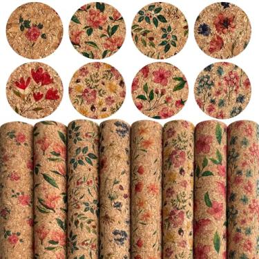 Imagem de Pacote com 8 folhas coloridas de tecido de cortiça - 20 x 30 cm, textura natural macia, couro sintético de cortiça real para artesanato DIY, chaveiros, joias e carteira (floral vermelho)