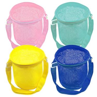 Imagem de 4 bolsas de praia de malha – bolsas marítimas com alças ajustáveis, bolsa de praia infantil portátil com zíper para brinquedos de areia