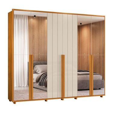 Imagem de Guarda-roupa Casal Volpi Ripado 6 Portas 6 Gavetas 4 Portas C/ Espelho - 7 Decor Cinamomo E Off White