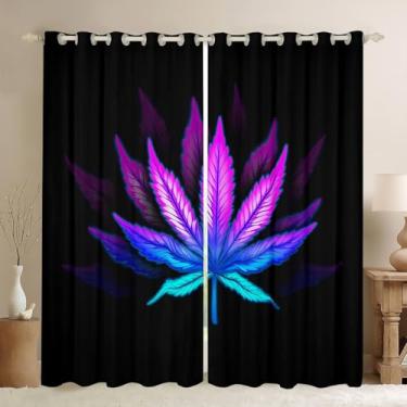 Imagem de Cortinas de maconha, cortinas de janela gradiente roxo para meninos meninas adolescentes, cortinas de tratamento de janela de folha de cannabis, decoração de casa, cortinas de escurecimento boho