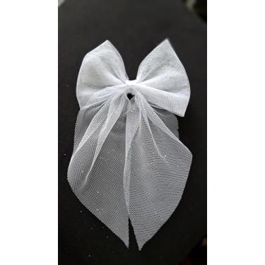 Imagem de Laço de Cabelo em Tule com Brilho, Design Borboleta, Presilha Bico de Pato, para Festas e Eventos (Branco)