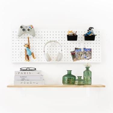 Imagem de NOZE Prateleira flutuante Pegboard com luz LED, prateleiras de madeira montadas na parede de 80 cm com quadro de estantes, organizador de prateleiras para escritório, cozinha, garagem, branco e