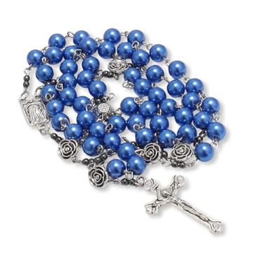 Imagem de Nazareth Store Rosário de contas de pérola, rosário de metal misterioso com pedras de hematita, rosário católico, nossa medalha de Lourdes e crucifixo de cruz, 22", Vidro, Sem Pedra Preciosa