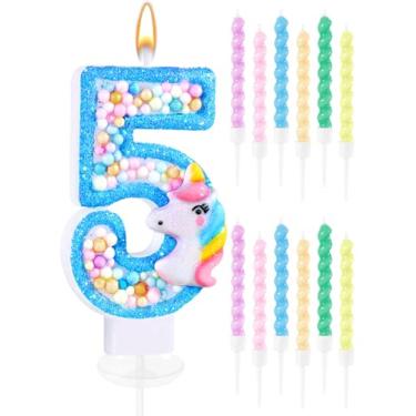 Imagem de Swooflia Vela de aniversário número 5 para bolo - velas a granel para meninas de 5 anos, lindas decorações de festa azuis