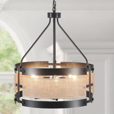 Imagem de YLCHYTDZSW 6 candelabros modernos de fazenda para sala de jantar, lustre de tambor preto de 48 cm para ilha de cozinha, luminárias penduradas em vime para sala de estar, quarto, hall de entrada