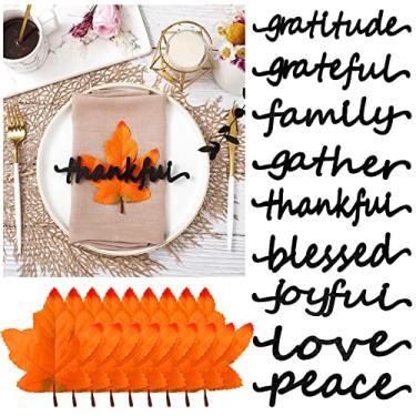 Imagem de Conjunto de 18 cartões com recorte de madeira de Ação de Graças, 9 conjuntos de cartões de madeira de gratidão, amor, paz, decoração de mesa, placa de letra rústica com 9 jogos americanos de folha de bordo decorações de parede