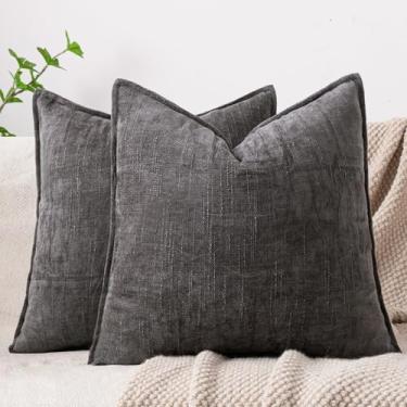 Imagem de Cozoomy Conjunto de 2 capas de almofada decorativas macias texturizadas 40,6 x 40,6 cm capa de almofada aconchegante fazenda com detalhes quadrados para cama, sofá, sala de estar, cinza escuro