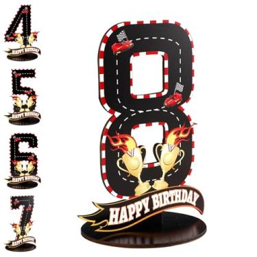 Imagem de Logotipo Número Aniversário Carro Corrida, Peça Central Madeira Tema Raça com Padrões Pista Corrida e Troféus para Decoração Festas Aniversário Acessórios para Fotos(Número 8)