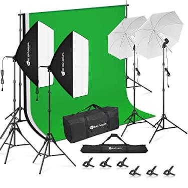 Imagem de Yesker Kit de iluminação fotográfica, pano de fundo, 2,6 x 3 m, sistema de suporte, guarda-chuva, lâmpada de 5500 K, softbox, iluminação contínua para sessão de fotos, estúdio, retrato, produto e