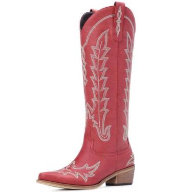 Imagem de Botas de cowboy Rivalran Wine Red para mulheres, panturrilha larga, EU
