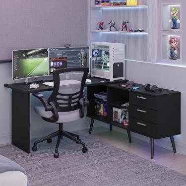 Imagem de Mesa Para Computador Gamer Em L 3 Gavetas Preto Lisboa Madesa Preto