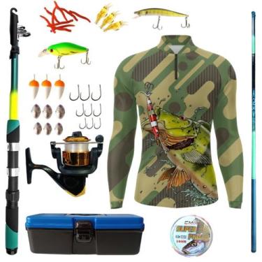 Imagem de Kit Camiseta De Pesca Mais Artigos Para Pescaria Vara Telescopica Isca