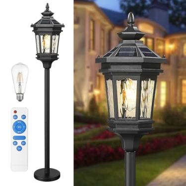 Imagem de Darkaway Poste de luz solar, luminária de chão externa com controle remoto, iluminação solar externa à prova d'água com sombra de vidro ondulado de água para gramado piscina jardim