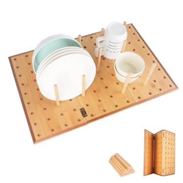 Imagem de E-ROOM TREND Organizador dobrável para cozinha – Base de bambu e borda de madeira de acácia para bancada de cozinha e gaveta, 24 cavilhas, 60 x 40 cm