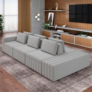 Imagem de Sofá Ilha com Encosto e Almofadas Móveis Olimpo 335cm Modulado Veludo Cinza G45 - Gran Belo