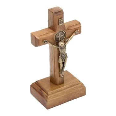 Imagem de Generic Cruz de madeira para pé, estatueta católica, ornamento, presente, crucifixo de Cristo Jesus, pequeno crucifixo para lareira ou escritório.