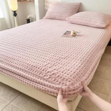 Imagem de Jogo de lençol com elástico waffle de veludo fofo e espesso, adequado para a pele e roupa de cama quente de inverno solteiro/casal/queen/king size rosa |||200 x 220 cm/(199.9 cm x 220.0 cm)