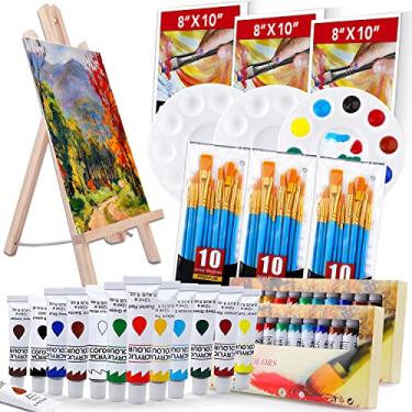 Imagem de Conjunto de pintura de acrílico com 1 cavalete de madeira 3 painéis de lona 30 pincéis de cabelo de nylon 3 placas de tinta e 2 peças de tinta acrílica de 12 ml em 12 cores para kit profissional de pintura de acrílico