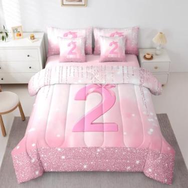 Imagem de Feelyou Conjunto de edredom solteiro com laço rosa com 7 peças, para crianças, meninos, meninas, 7 peças, decoração de quarto de aniversário, microfibra leve e macia