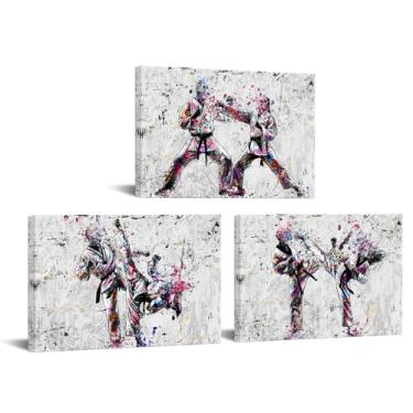 Imagem de KREATIVE ARTS Conjunto de arte de parede Taekwondo com 3 impressões em tela 40 x 61 cm artes marciais karatê kickboxing lutador treinamento esportes arte academia decoração de casa estúdio dojo pronto