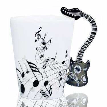 Imagem de LanHong - Caneca de guitarra com design de notas musicais de 382 g para beber chá, leite, café, música, copo de cerâmica para presente para amigos (novo-preto)